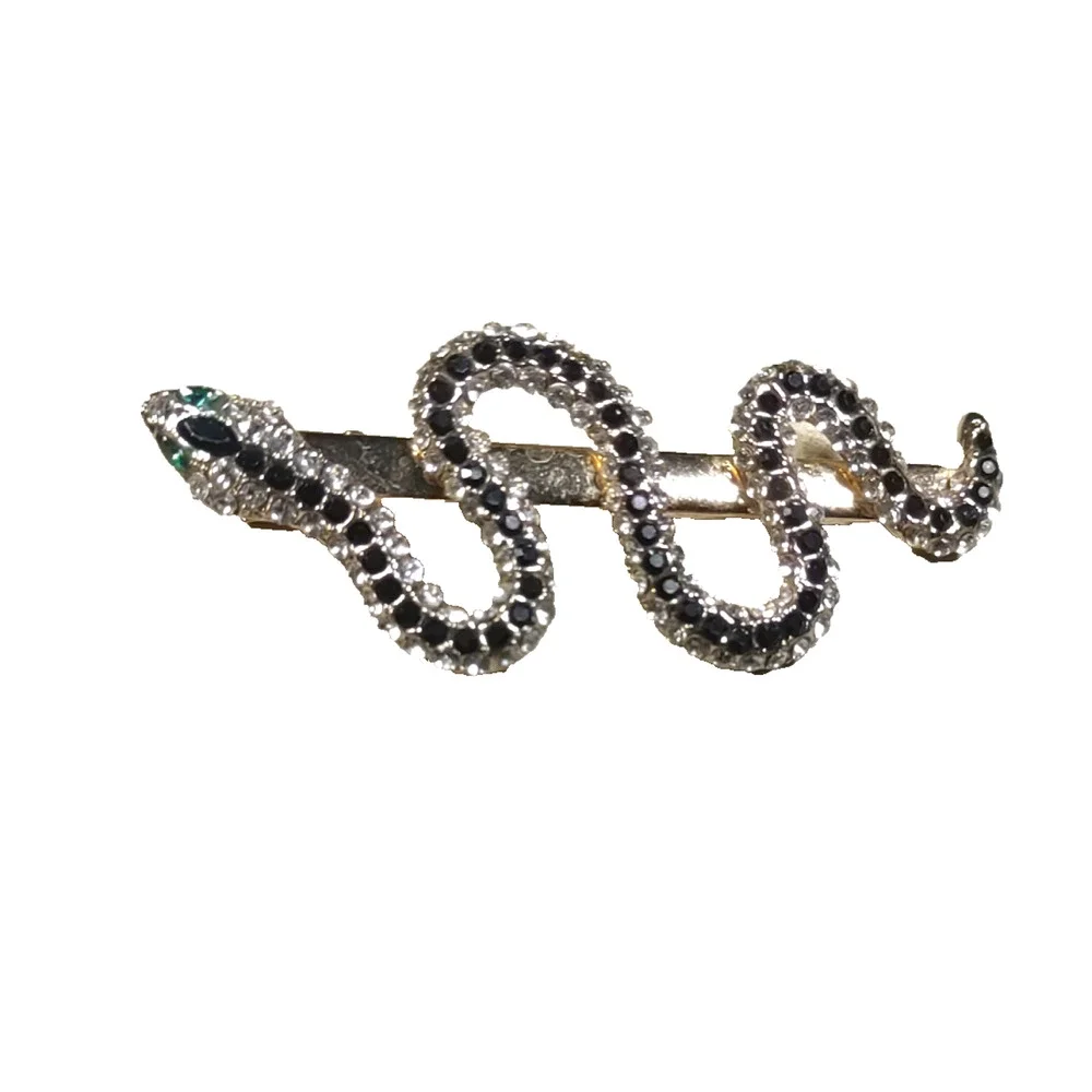 Snake Rhinestone Hair Clip Barrette Black Clear Blue Eyes Gold Tone Goth...